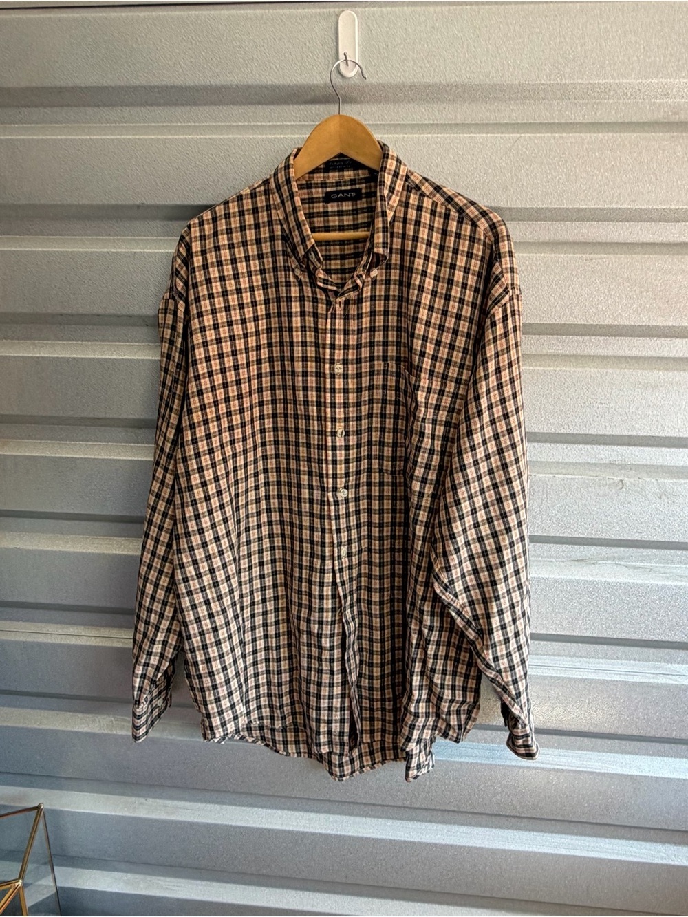 Gant tan & black plaid linen blend button down